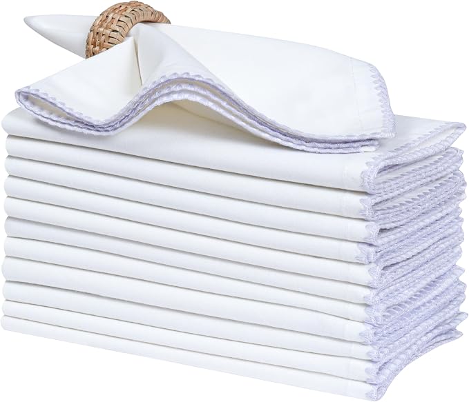 Bedding Craft Cotton Cloth Dinner Napkins Set of 12 – 18x18 Lavender Blue Napkins with Colored Edge Embroidery – Washable Fabric Napkins for Wedding Table Décor, Restaurants, Events & Everyday Dining by BeddingCraft
