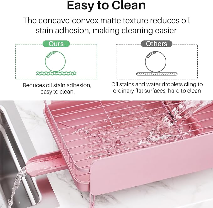 SNTD Large Dish Drying Rack for Kitchen Counter, Expandable, Pink | Stainless Steel Dish Drainer, Adjustable Length 18.9''-29.3'', Automatic Drainage, 360° Spout, Cutlery Holder with Knife Slot - Image 7