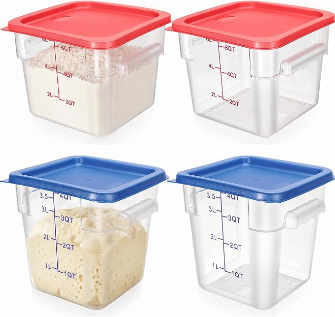 Lallisa 4 Pcs 8qt & 4qt Clear Food Storage Containers with Lids Handles and Scales, Stackable Plastic Square Food Storage Containers for Dough Proofing Baking Kitchen Restaurant(Red, Blue) by Lallisa