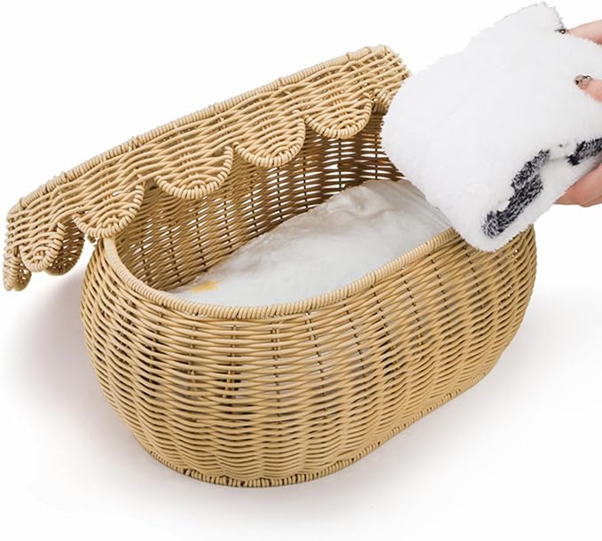 Tebery Set of 2 Wicker Storage Baskets with Lid, Hand Woven Scalloped Basket Boxes for Shelf, Sturdy Rattan Storage Bin Organizer for Home Decoration, Display - Image 5