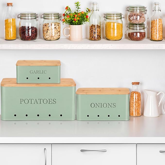 Honeydak 3 PCS Sage Green Potato Onion Garlic Storage Bins Set, Metal Vegetable Keeper Containers with Lids Aerating Holes for Kitchen Counter Pantry Keep Fresh Longer Farmhouse for Sweet-potato Fruit - Image 5