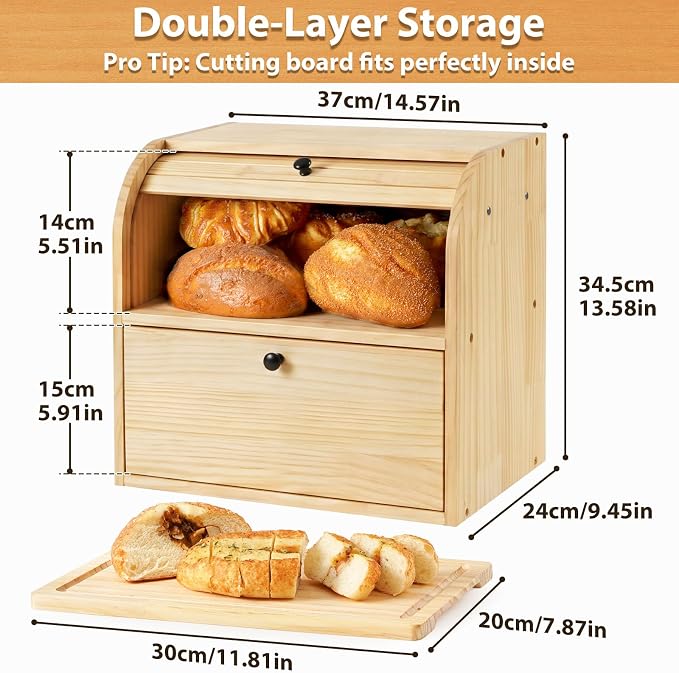 Sunhoo Wooden Bread Box for Kitchen Countertop, Roll Top Breadbox, Natural | Large Double Layer Pantry Container, Solid Wood with Cutting Board, Fresh Homemade Sourdough Bin Cabinet, Vintage Farmhouse - Image 5