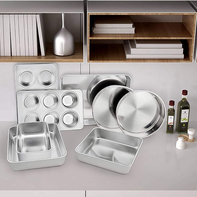 TeamFar Stainless Steel Bakeware Set of 8 | Baking Roasting Toaster Oven Pans, Lasagna/Square/Round Cake Pan, Loaf Pan & Muffin Pan, Non-Toxic & Sturdy, Dishwasher Safe - Image 4
