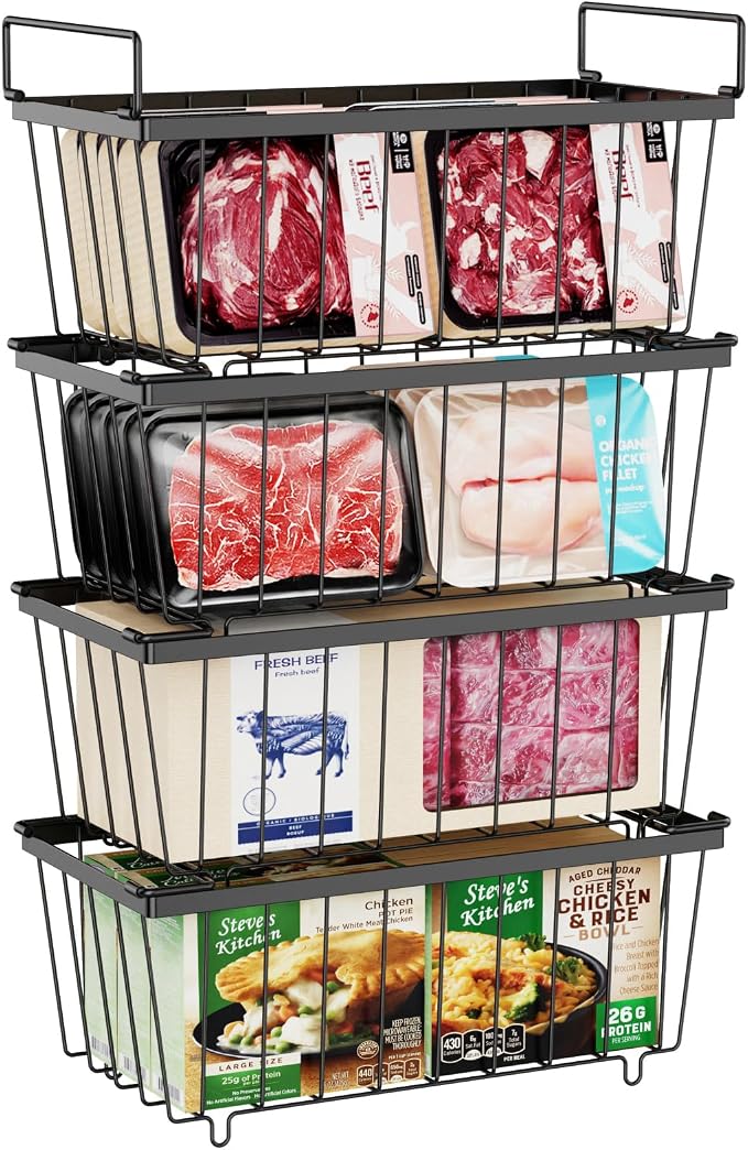 Freezer Organizer Bins - Small Storage Baskets for 7 Cu.Ft, 4 Pack | Easy Access Handles, Stackable Deep Freezer Wire Baskets, Vertical Space Sorts for Frozen Meat, Vegetable and Bagged Items - Image 10
