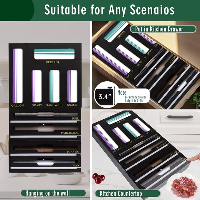 9 In 1 Storage Bag Organizer And Plastic Wrap Dispenser With Cutter, Bamboo Foil and Plastic Wrap Organizer - Image 5