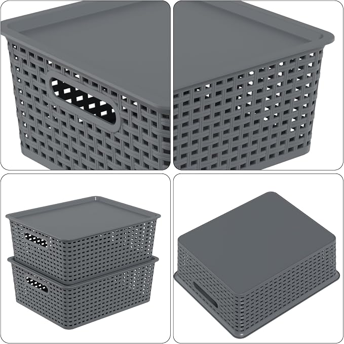 Hespama 6 Packs Grey Lidded Organizer Baskets, Stackable Storage Basket | Plastic Weave Basket for Shelves Cabinets Desktops - Image 3