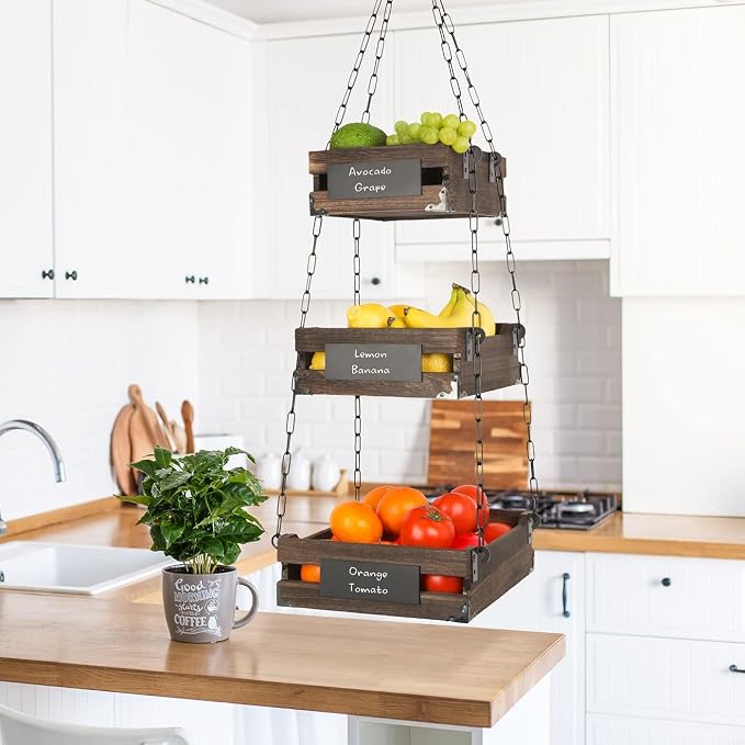 J JACKCUBE DESIGN 3-Tier Rustic Wood Hanging Fruit Basket, Kitchen Fruit, Vegetable Storage Organizer, Countertop Space Saver- Heavy Duty Metal Hooks- MK1008A - Image 3