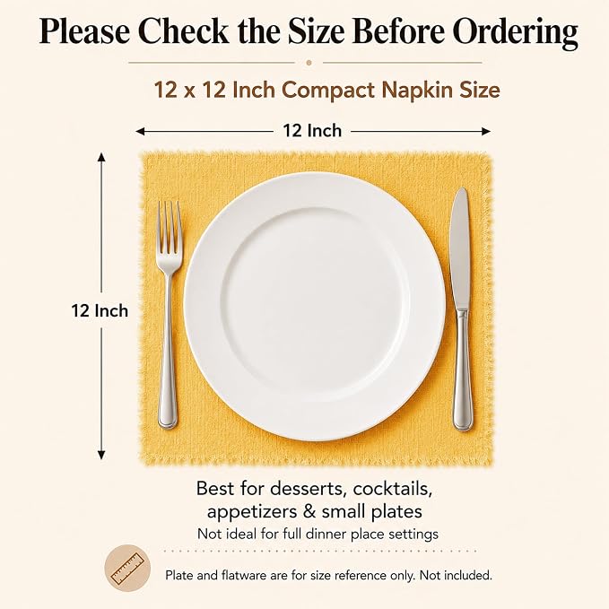 36 Pack Yellow Napkins, 12 x 12 Inch Cotton with Fringe Settings | Handmade washable reusable cotton dinner napkins in bulk for weddings, parties, rustic boho table settings - Image 2
