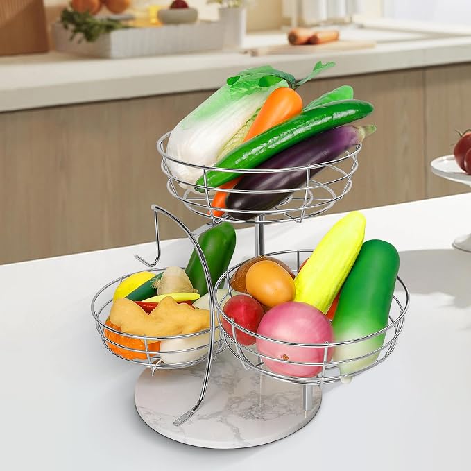 Livabber Fruit Basket Bowl with Banana Hanger, Metal Fruit Vegetable Storage Basket with Banana Holder for Kitchen Counter, Detachable Organizer for Bread Snack Produce (Chrome, 3-Tier Marble Base) - Image 9