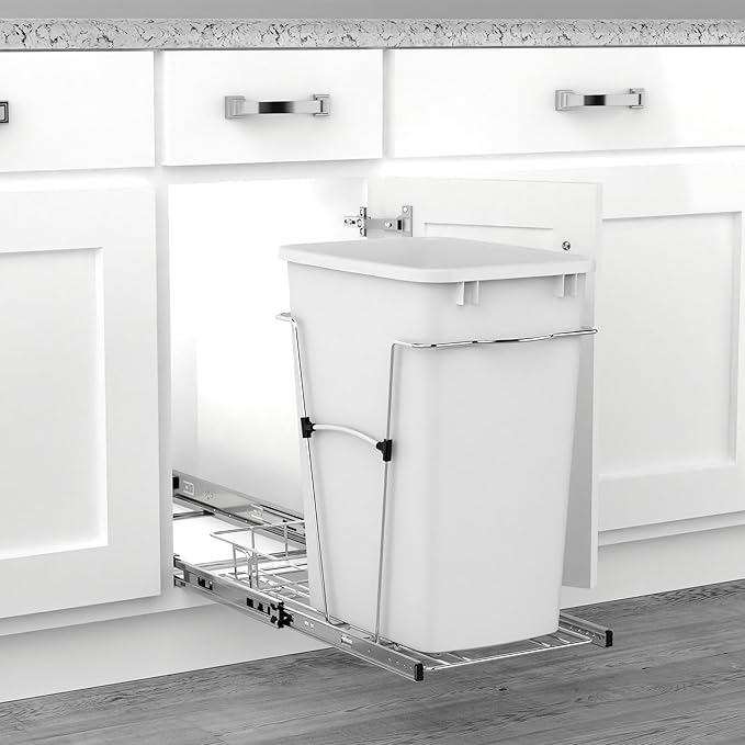 Rev-A-Shelf Single 35 Qt Pullout Trash Can for Base Kitchen Cabinets, Garbage Waste Bin System with Full Extension Slides, Min Opening Width of 11.5", White/Chrome, RV-12KD-11C - Image 6