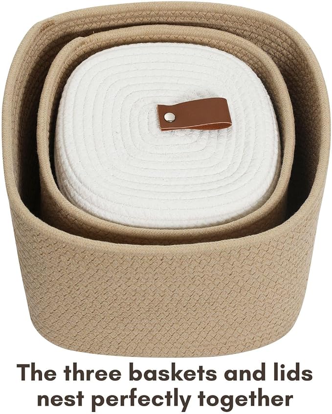 Set of 3 Nesting Woven Storage Baskets with Lids, Cotton Rope Decorative Basket Set for Shelf Closet Living Room Organizing, Square Beige & White - Image 2