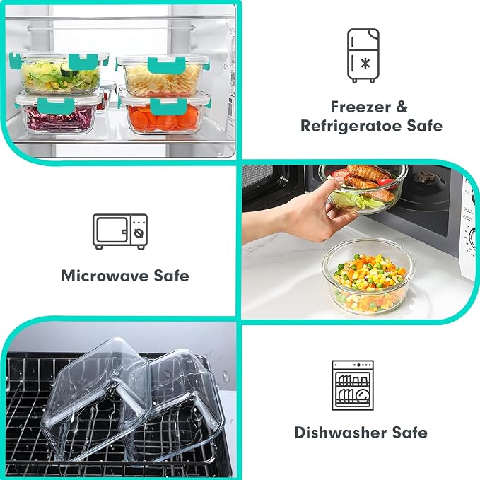 VERONES 30 Pieces Glass Food Storage Containers Set with Lids, Green | Stackable Glass Meal Prep Containers Set with Lids, Airtight Lunch Containers, for Microwave, Oven, Freezer & Dishwasher - Image 3