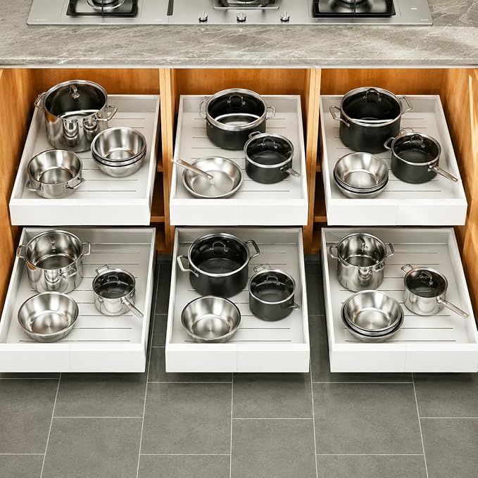Pull out Cabinet Organizer, 6-pack, Expandable(12"-20") Heavy Duty Slide out Drawers Fixed with Adhesive Nano Film for Pots, Roll out Shelf Storage for Kitchen Base Cabinet Organization(3 Rails) by Kitstorack