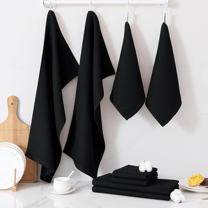 Homaxy 12 Pack 100% Cotton Kitchen Towels and Dishcloths Set, Black | 12 x 12 Inches and 13 x 28 Inches Kitchen Towels Set, Ultra Soft Absorbent Dish Cloths for Washing Dishes - Image 7