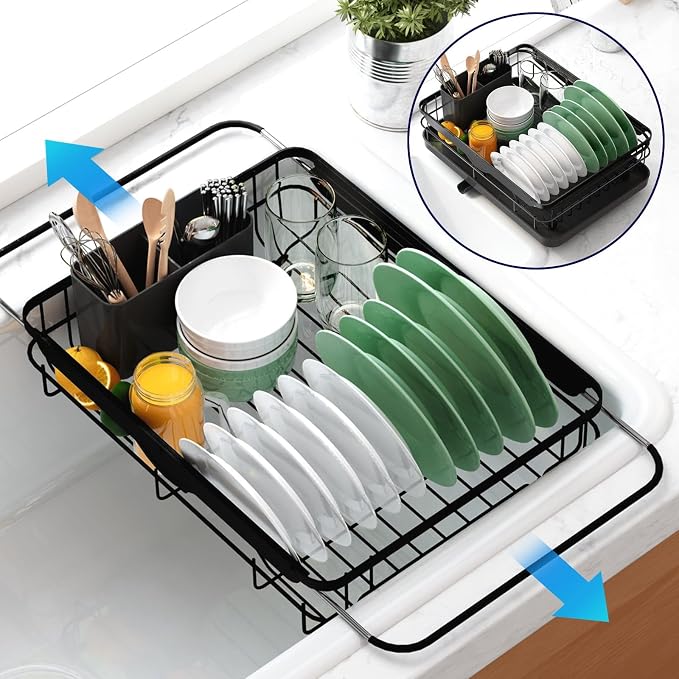 Kitsure Dish Drying Rack for Kitchen Counter, 12.2''W x 15.7''~23''L, Black | Stainless Steel Sink Organization, Cutlery Holder, Home and Appartment Decor by Kitsure