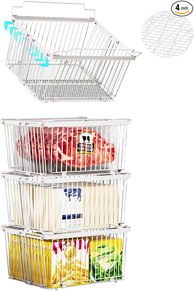 Large Freezer Organizer Bins for 5 to 9 Cu.Ft,4Pack , Leak-Proof Bottom | ANJUBANFreezer Organizer Bins, Stackable,expandable,foldable,With handle Wire Storage Container Baskets for Sort Frozen Meats by ANJUBAN