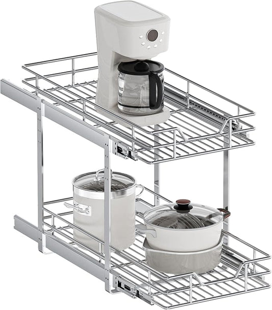 2-Tier Pull Out Cabinet Organizer, 11.5" W x 21.5" D, Heavy Duty Dual Slide Out Shelves for Narrow Base Cabinets, Chrome Wire Basket Drawer for Spices, Bottles & Snacks by Unknown