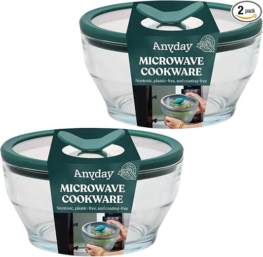 Anyday 2-Pack 4-Cup Deep Glass Food Storage Container w/Lids (Clear Kale) | Plastic Free Meal Prep, Microwave Cookware, Stackable Airtight, Vented Glass Lid, Microwave-Safe Reheating by Anyday