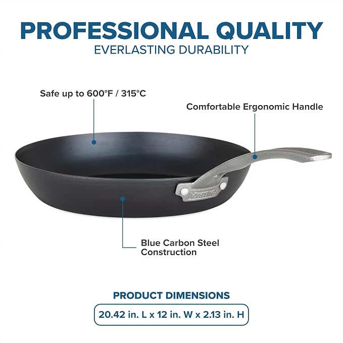 Viking Blue Carbon Steel Frying Pan, 12 Inch Kitchen Cookware, Black - Image 4