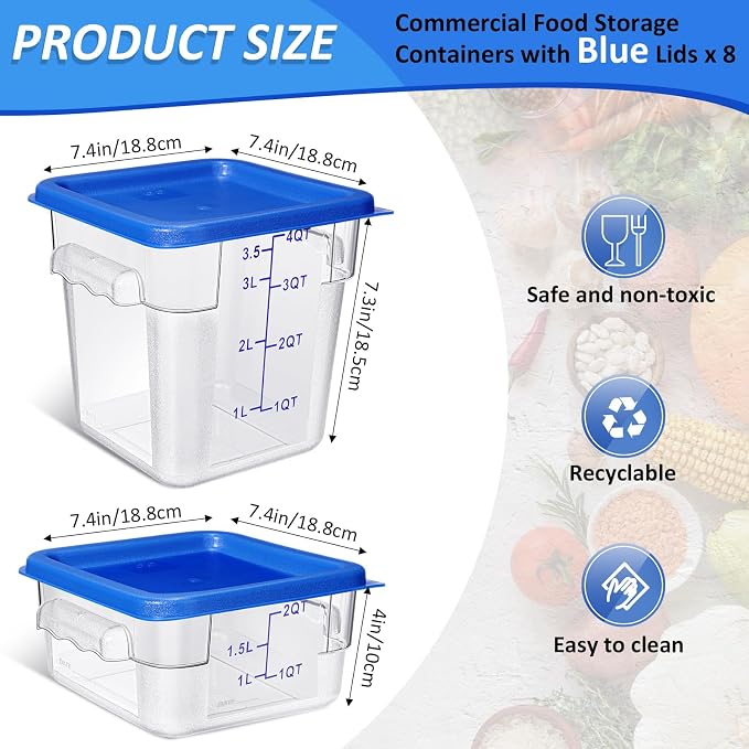 Yungyan 8 Pcs Restaurant Food Storage Containers with Lids Set 2Qt and 4Qt Commercial Restaurant Square Storage Containers Clear Food Cereal Container for Kitchen Freezer (Blue Lids) - Image 2