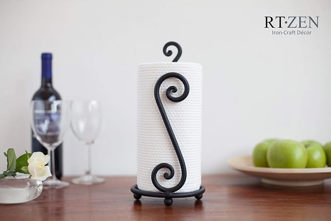 Matte Black Paper Towel Holder Non-Slip Base Countertop | Decorative Farmhouse Paper Roll Holder, Rustic Metal Modern Stylish Accent Durable Stand for Kitchen, Bathroom (Swirl) - Image 3