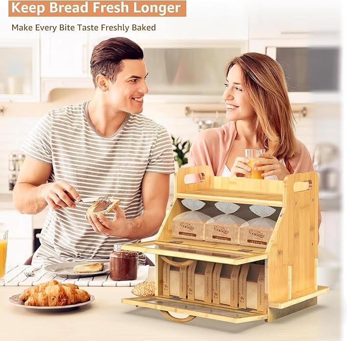 BAMBANG Bread Box for Kitchen Countertop, Extra Large Double Layer Bamboo Breadbox with Clear Window, Farmhouse Wooden Bread Storage Container for Homemade Bread, Knife & Cutting Board Holder, Natural - Image 2