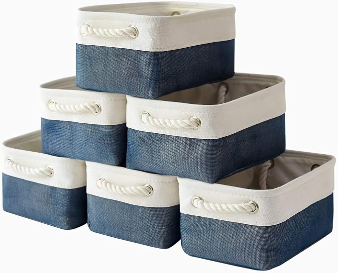 Storage Basket for Organizing - Small 12x8x5.2 inch 6 Pack Collapsible Storage Bin for Shelves, Canves Storage Cubes for Organizer Cloth Box Gift Toys Closet (White & Jean Blue) by TheWarmHome
