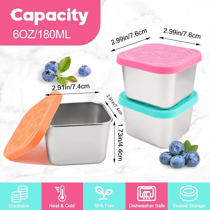 Pack of 6 Stainless Steel Small Food Containers, 180 ml Stackable Snack Pots with Leak-proof Silicone Lid, Reusable Food Storage Containers, Snack Boxes for Snack, Salad, Dressing - Image 2