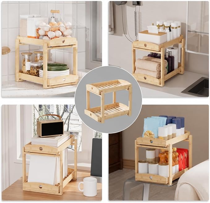 Bamboo Under Sink Organizer 2 Tier Pull Out Cabinet Storage Drawer - Image 4