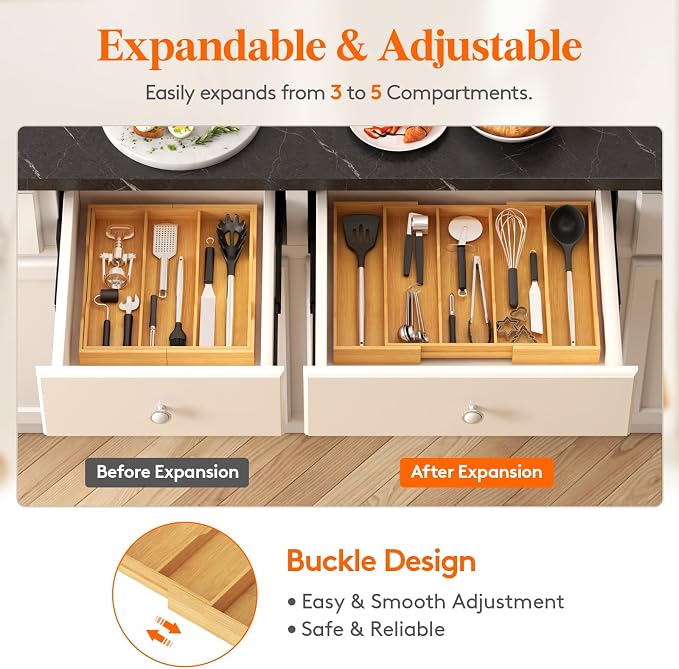 Lifewit Utensil Organizer for Kitchen Drawer, Expandable Cooking Utensil Tray, Cutlery Silverware Flatware Holder, Wood Adjustable Spatula Tools Storage Divider, 12.6-22.8x14/ 32-58x35.6cm, Natural - Image 8