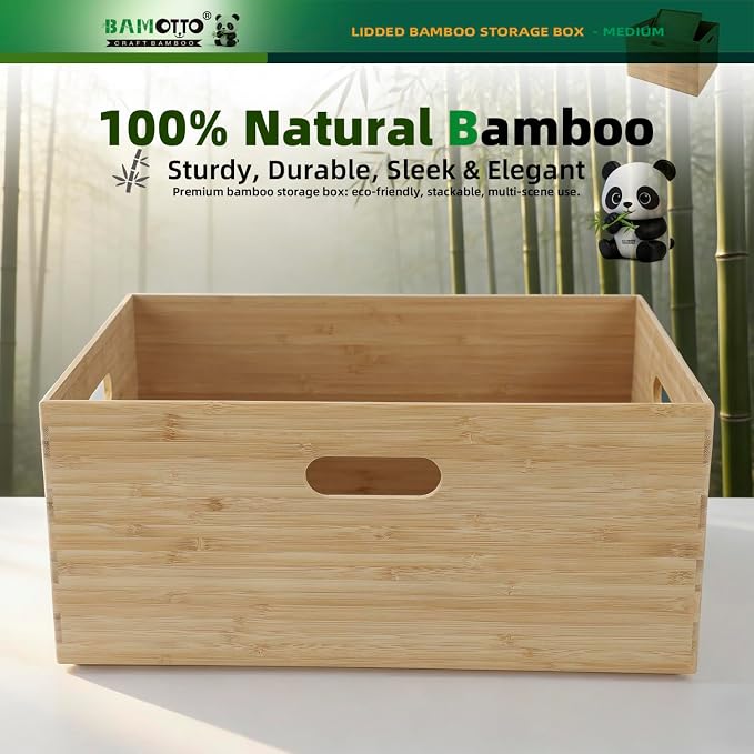 BAMOTTO CRAFTBAMBOO Stackable Bamboo Storage Bin with Lid 14.6"x10.2"x6.5" | Lower Profile | Cutout Handles | Natural Bamboo Box for Kitchen Pantry Office Closet, Organize Tableware Clothing Toys Books - Image 6