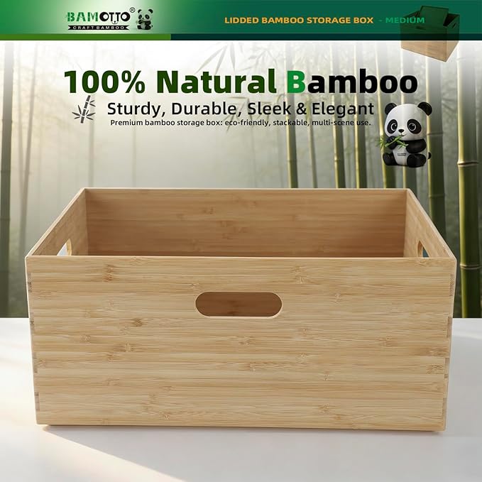 BAMOTTO CRAFTBAMBOO Stackable Bamboo Storage Bin with Lid 14.6"x10.2"x6.5" | Lower Profile | Cutout Handles | Natural Bamboo Box for Kitchen Pantry Office Closet, Organize Tableware Clothing Toys Books - Image 6