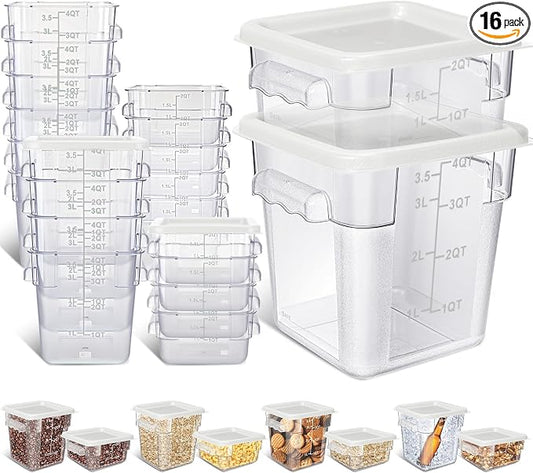Yungyan 16 Pcs Restaurant Food Storage Containers with Lids Set 2Qt and 4Qt Commercial Restaurant Square Storage Containers Clear Food Cereal Container for Kitchen Freezer (White Lids) by Yungyan