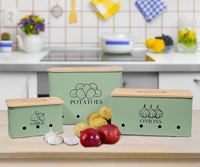 Kitchen Vegetable Storage Tins Set of 3 for Potato Onion & Garlic with Wooden Lid and Aerating Holes, Kitchen Storage Canisters Set, Vintage Kitchen Decor - Green - Image 5