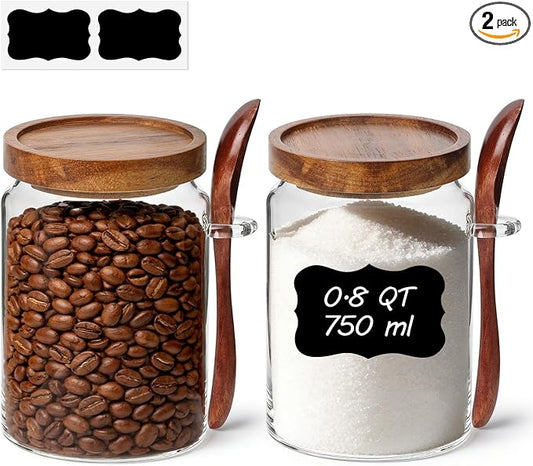 ComSaf Coffee Storage Canister with Acacia Wood Lids & Scoops 0.8Qt 2Pack | Glass Containers for Coffee Lover, Whole Beans Grounds Sugar, Coffee Bar & Office Tabletop, Jars with Labels, Lead-Free by ComSaf