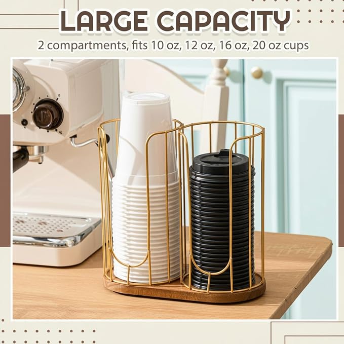 18oz Adjustable Coffee Cup Dispenser with Wooden Base, Cup and Lid Holder, Cups Holder Organizer for Coffee Pod Straw and Lid Storage(2-compartment Single,Color 2) - Image 3
