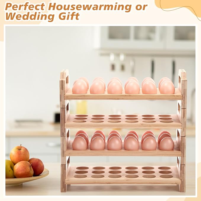 Reallnaive 4 Tier Wooden Egg Holder for Countertop, Bamboo Stackable Fresh Eggs Storage Farmhouse Collecting Rack for Gathering Kitchen Organizer or Easter Egg Display, Stackable with 72 Eggs(Wood) - Image 7