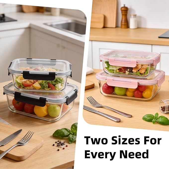 Konokyo Rectangular Glass Food Storage Containers with Lids, 24 Pack Airtight Leakproof Meal Prep Containers, BPA-Free, Microwave Oven Freezer & Dishwasher Safe, Assorted Sizes - Image 7
