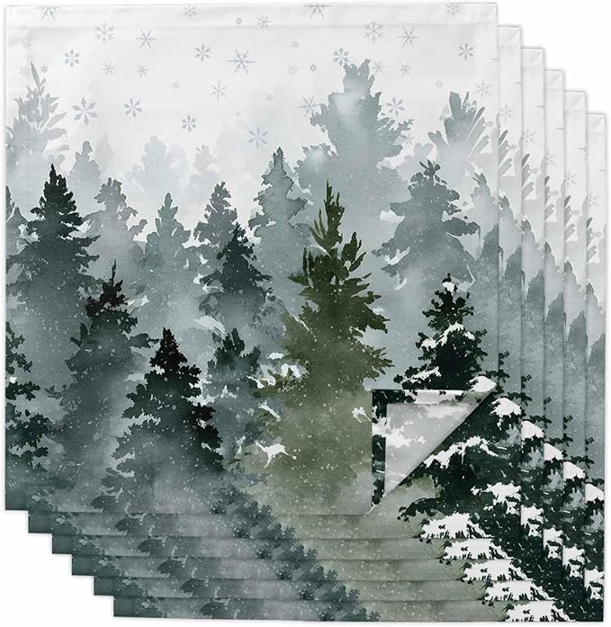 Christmas Cloth Napkins Set of 6, Watercolor Green Xmas Tree Winter Snowflake Dinner Napkins Cloth Washable, Cocktail Napkins Reusable for Wedding, Party, Birthday (20"x20") by Unknown