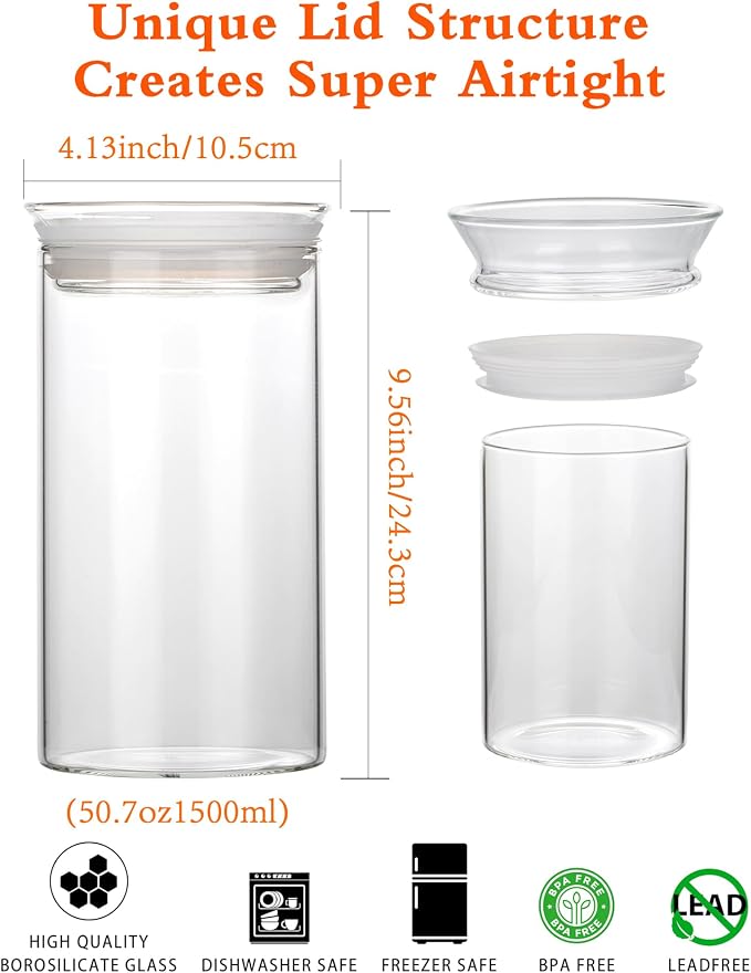 ZENS Glass Canisters with Airtight Lids, Set of 2 50oz Tall Storage Jars | Borosilicate Glass Jars with Airtight Lid, Wide Mouth Pasta Containers for Pantry Food Storage - Image 6
