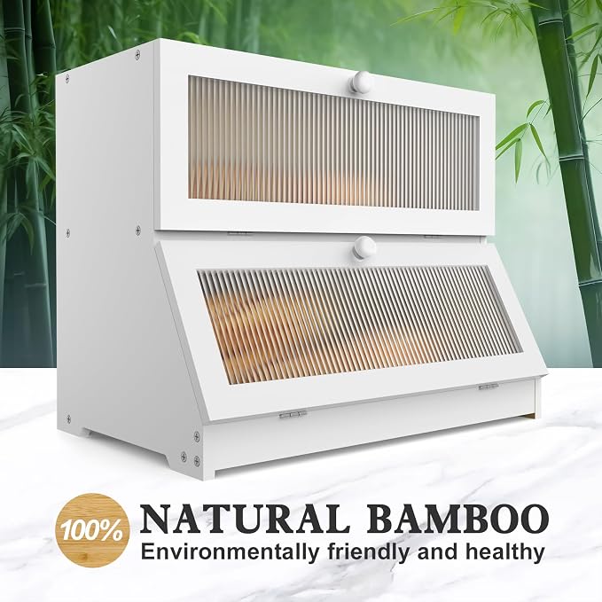 LOHASOK Bread Box for Kitchen Countertop,White | 2-layer, Bamboo, Large, Farmhouse Bread Container Holder Storage, Acrylic translucent window - Image 3
