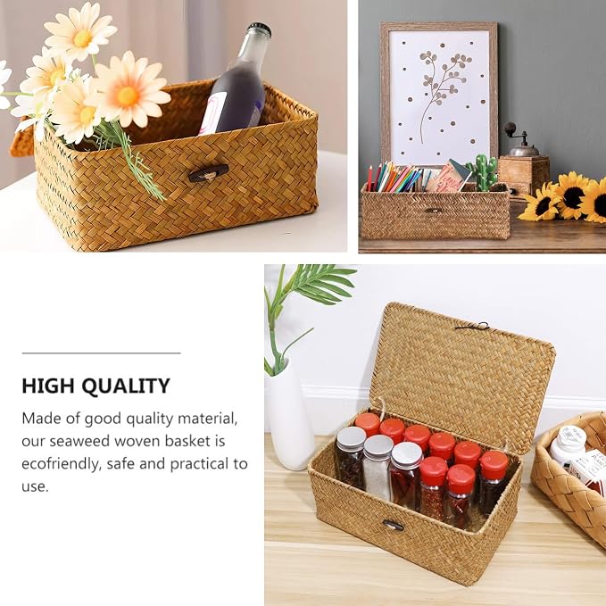 TOOSOAR® 2 Piece Wicker Storage Basket, Wicker Basket Lid with Lid, Rectangular Wicker Basket with Compartment for Organizing Snack Toys - Image 4