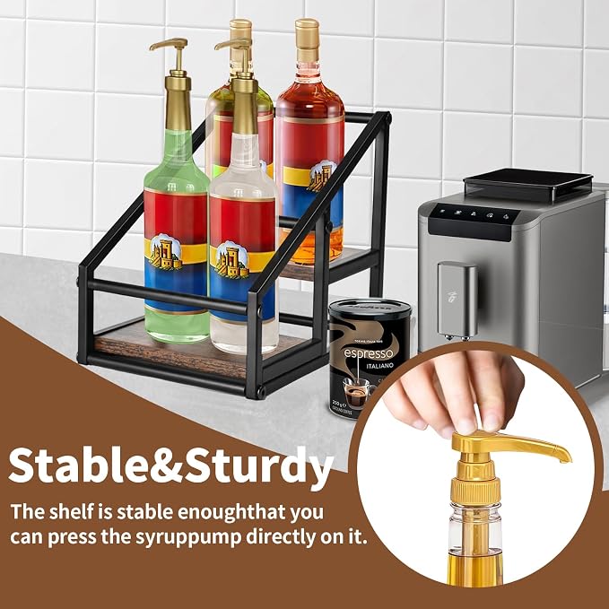 YQBRAO 2-Tier Coffee Syrup Organizer, 4-Bottle Rack, Rustic Brown | Holds 4 bottles in a narrow two-tier footprint for small counters, coffee corners, apartments, and bar carts. - Image 5