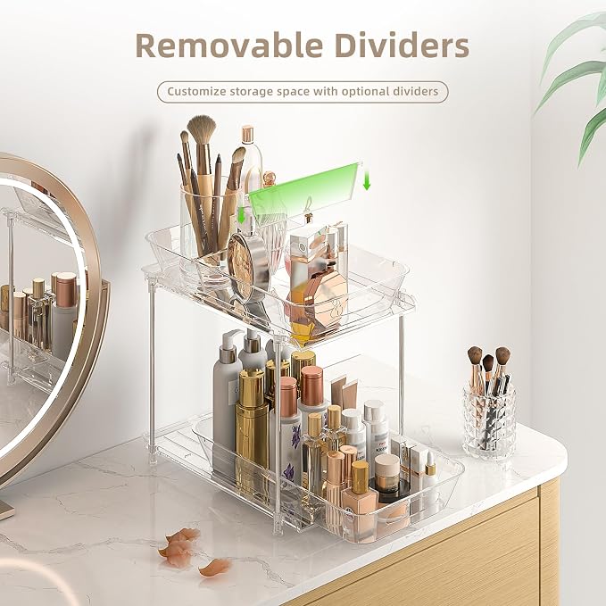 4-Pack 2-Tier Under Sink Organizer with Pull Out Drawers | Multi-use kitchen & bathroom storage. Includes hanging hooks and cups. transparent, space-saving cabinet design. 11.2 Inch - Image 5