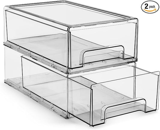 Sorbus Medium Clear Storage Drawers (2 Pack) – Stackable Organizer Drawers for Fridge, Pantry, Kitchen – Pull-Out Storage Bins with Handles, Slide Out Acrylic Drawers by Sorbus