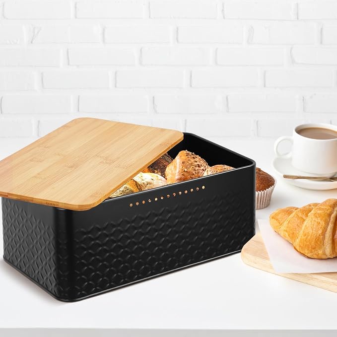 Bread Bin, Metal Bread Box with Bamboo Lid Usable as Cutting Board, Bread Storage Container Holder for Kitchen Countertop, 13 x 7 x 5.3 inch (Black) - Image 8