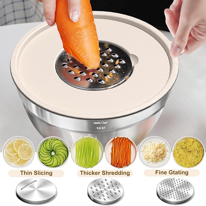 Umite Chef Mixing Bowls with Airtight Lids Set, 8PCS Stainless Steel Nesting Bowls with Grater Attachments, Non-Slip Bottoms, 5, 4, 3.5, 2, 1.5QT for Mixing & Serving - Image 8
