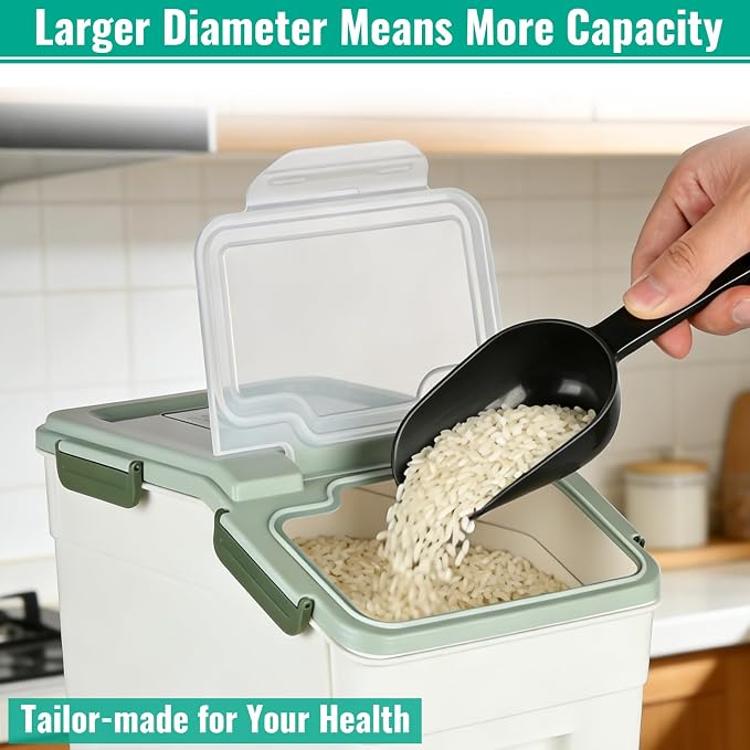 2 Pack Rice Container 25 lbs Large Bulk Flour Sugar Storage Holdhouse Plastic Grain Cereal Dry Goods Bin with Spoon and Measuring Cup for Kitchen Pantry Organization - Green - Image 6