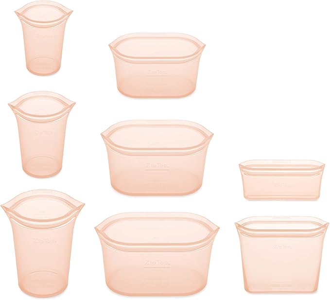 Zip Top Reusable Food Storage Containers Full Set of 8 Peach – Platinum Silicone Cups, Dishes & Bags – Microwave, Dishwasher & Freezer Safe – Made in USA, BPA-Free - Image 2