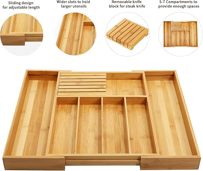 VaeFae Bamboo Silverware Drawer Organizer, 7 Slots, Natural | Expandable Cutlery and Utensil Holder for Silverware, Removable Knife Dividers, 43 cm D x 32-55 cm W, 5-7 Slots, Natural - Image 4